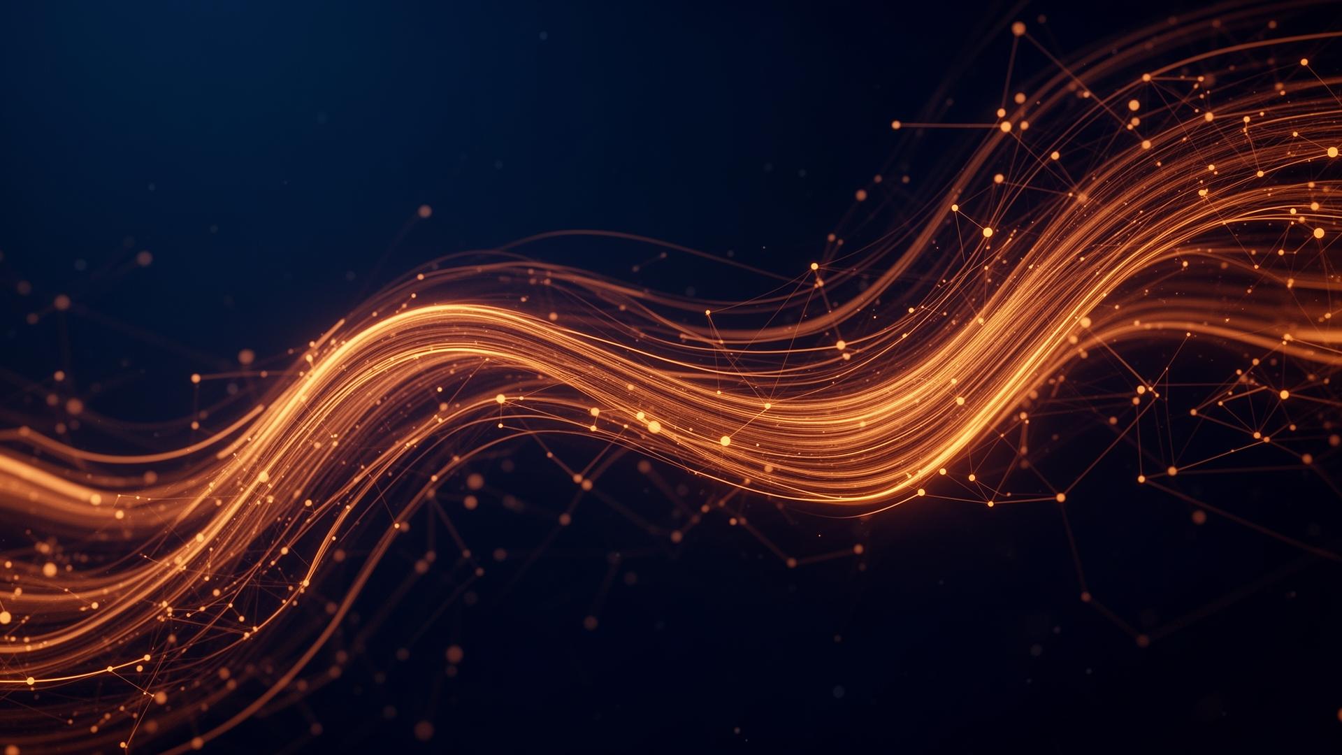 Abstract digital network of glowing copper streams flowing across deep navy space