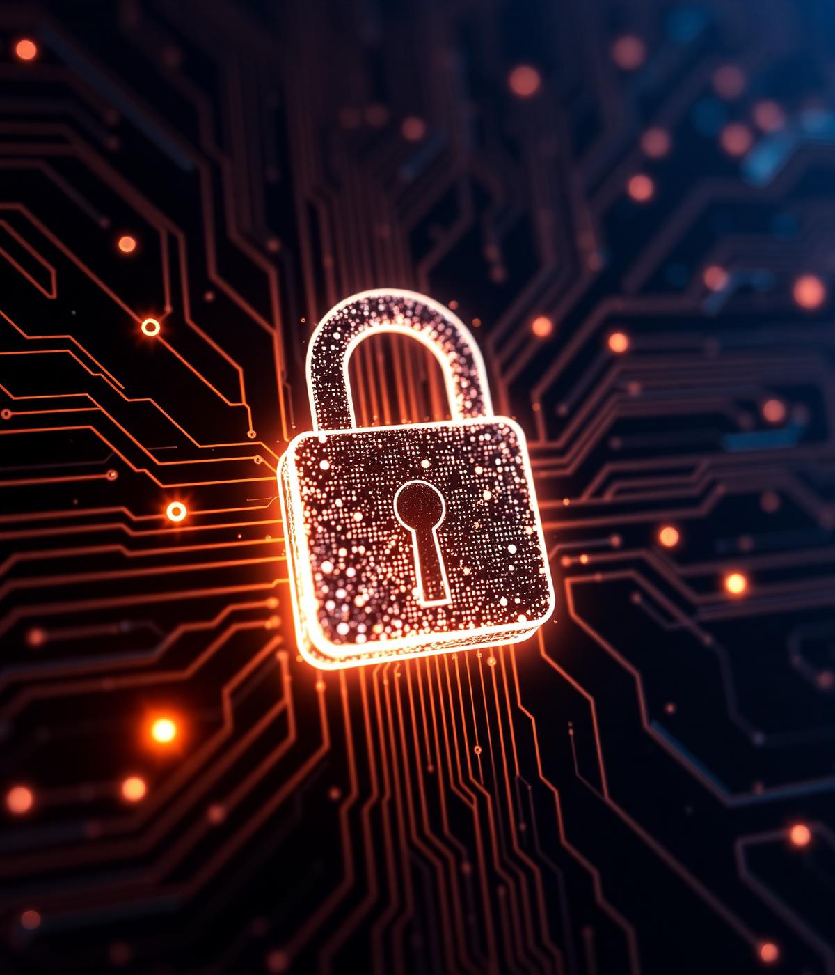 Cybersecurity padlock symbol over glowing circuitry