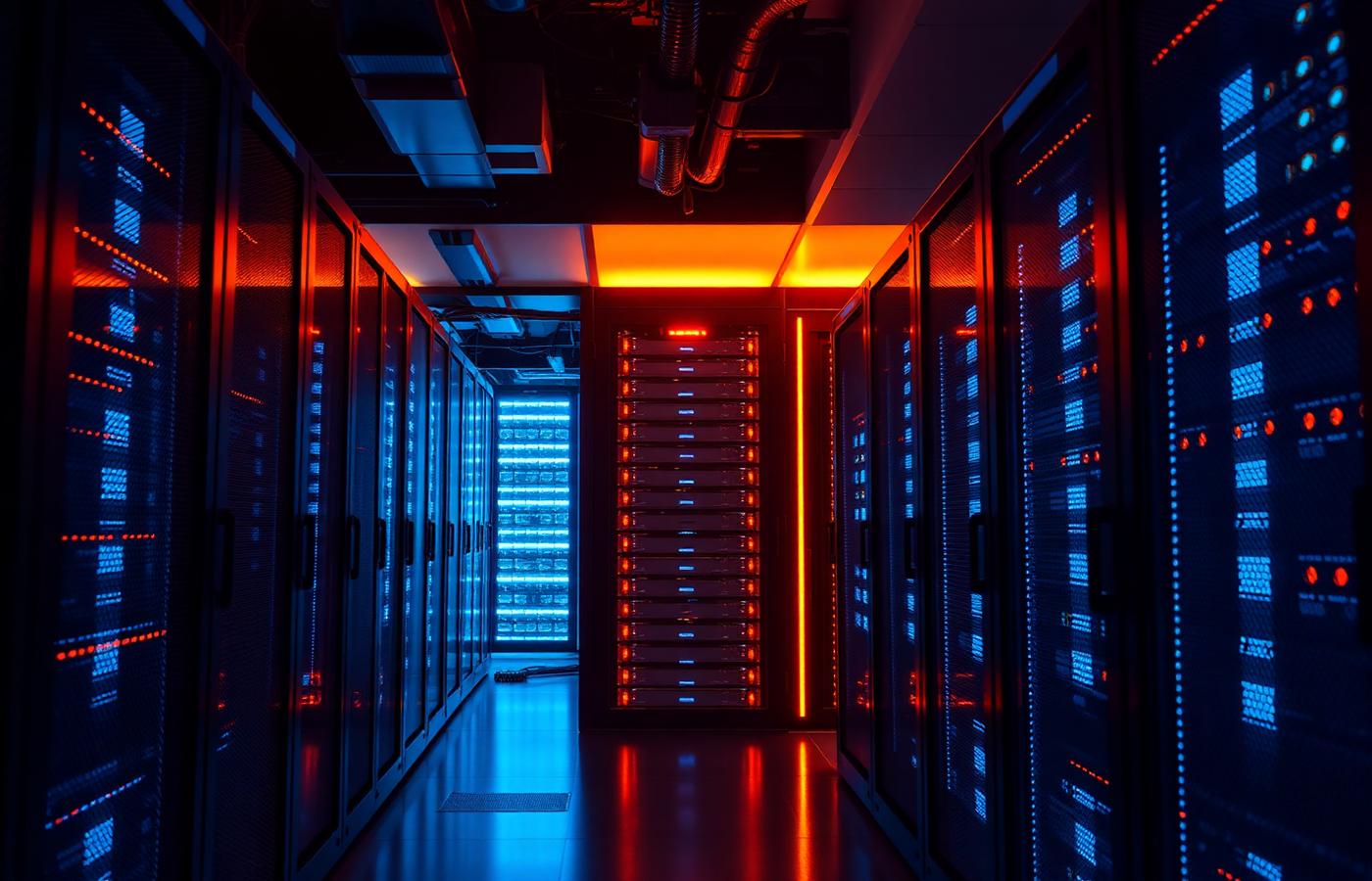 Dark data center with copper-lit server racks