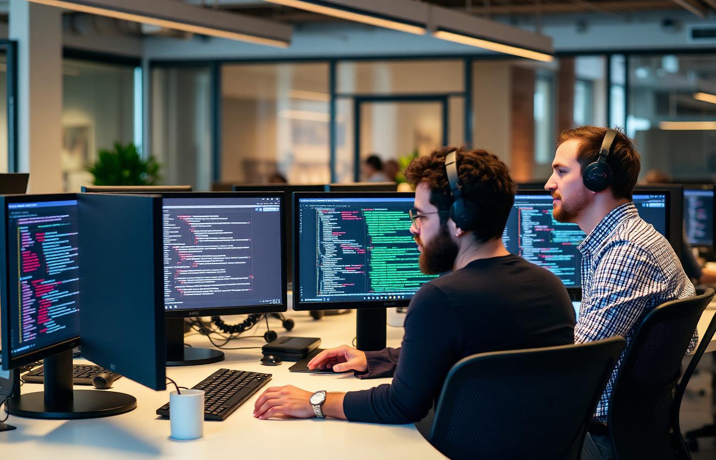 Two senior engineers collaborating in a modern office